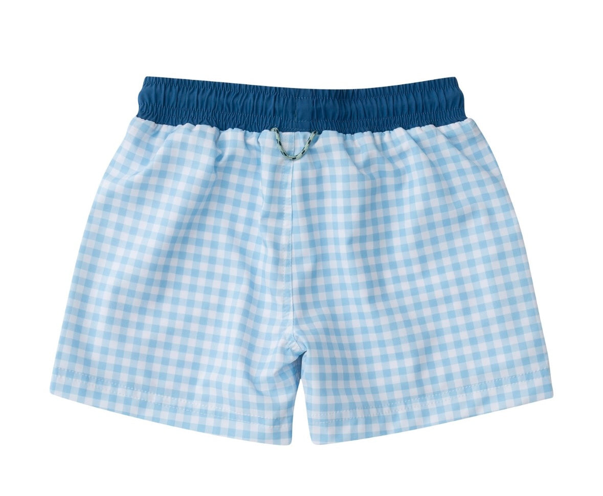 Boys Boogie Board Swim Trunk in Clear Blue Sky Gingham