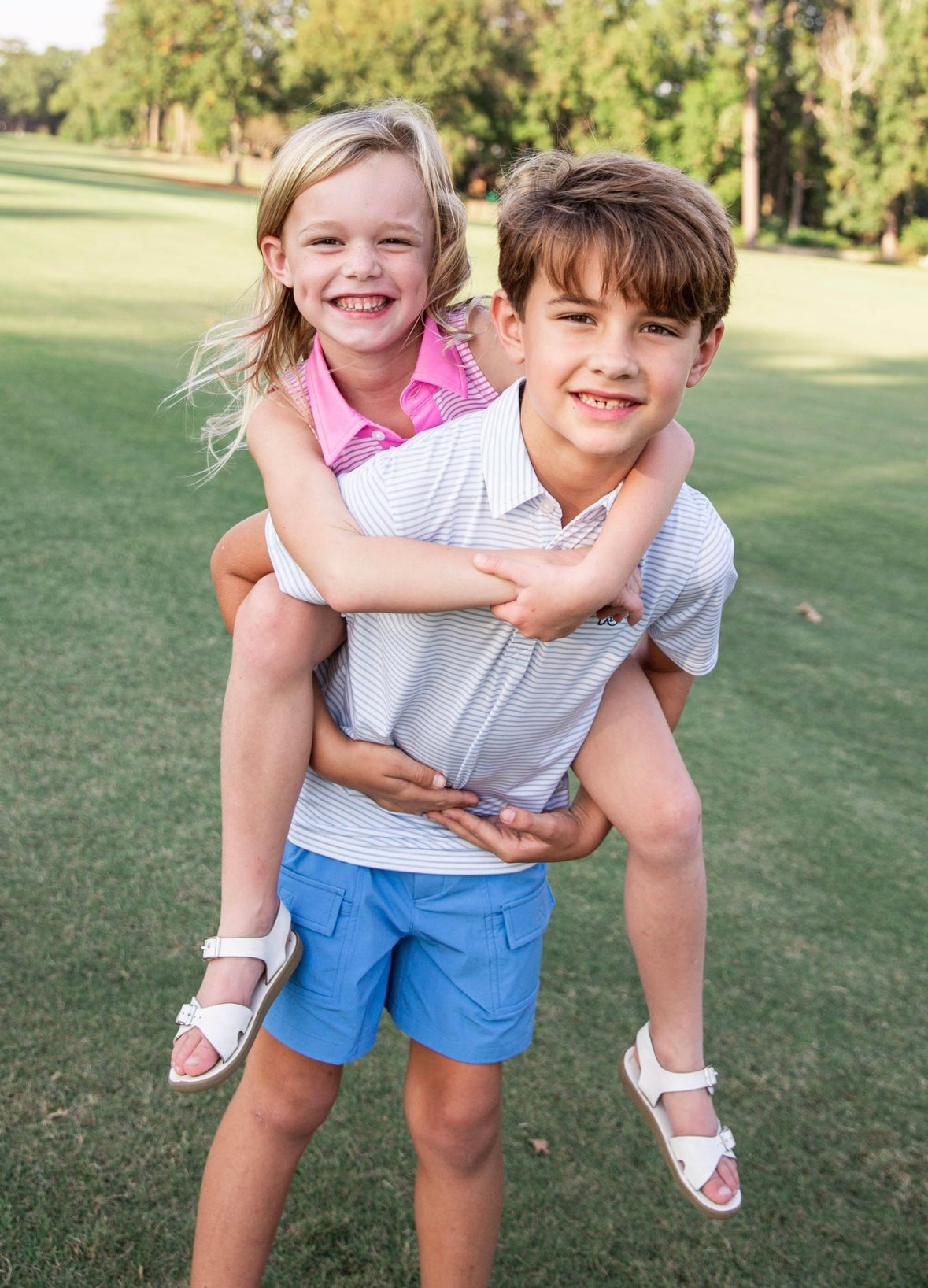 Boys Short Sleeve Pro Performance Polo in Clear Sky Blue and White Stripe