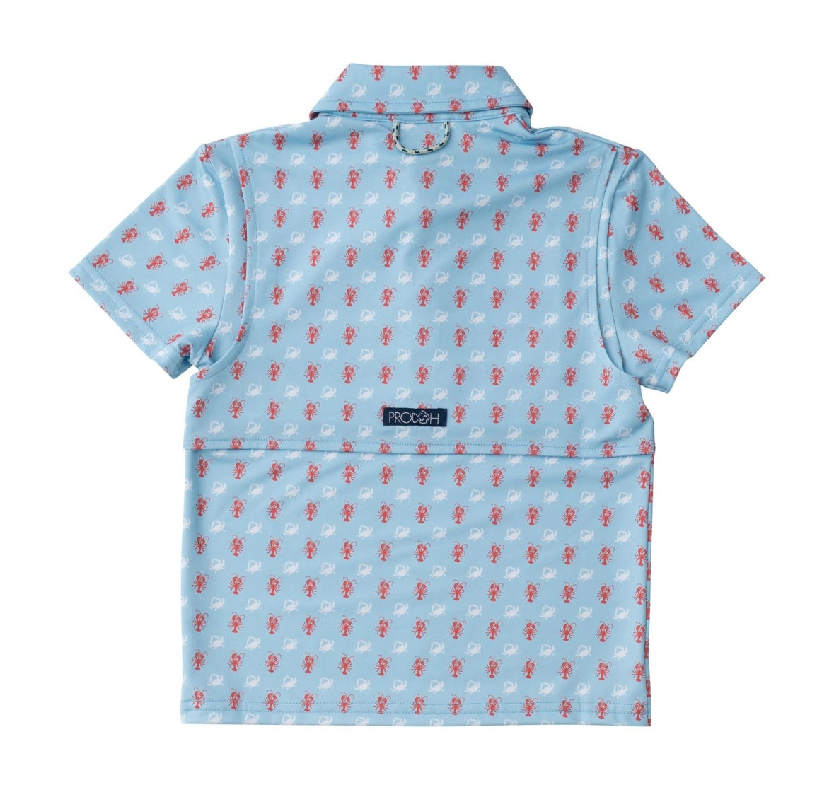 Boys Short Sleeve Pro Performance Polo in Crab and Lobster Print on Light Blue