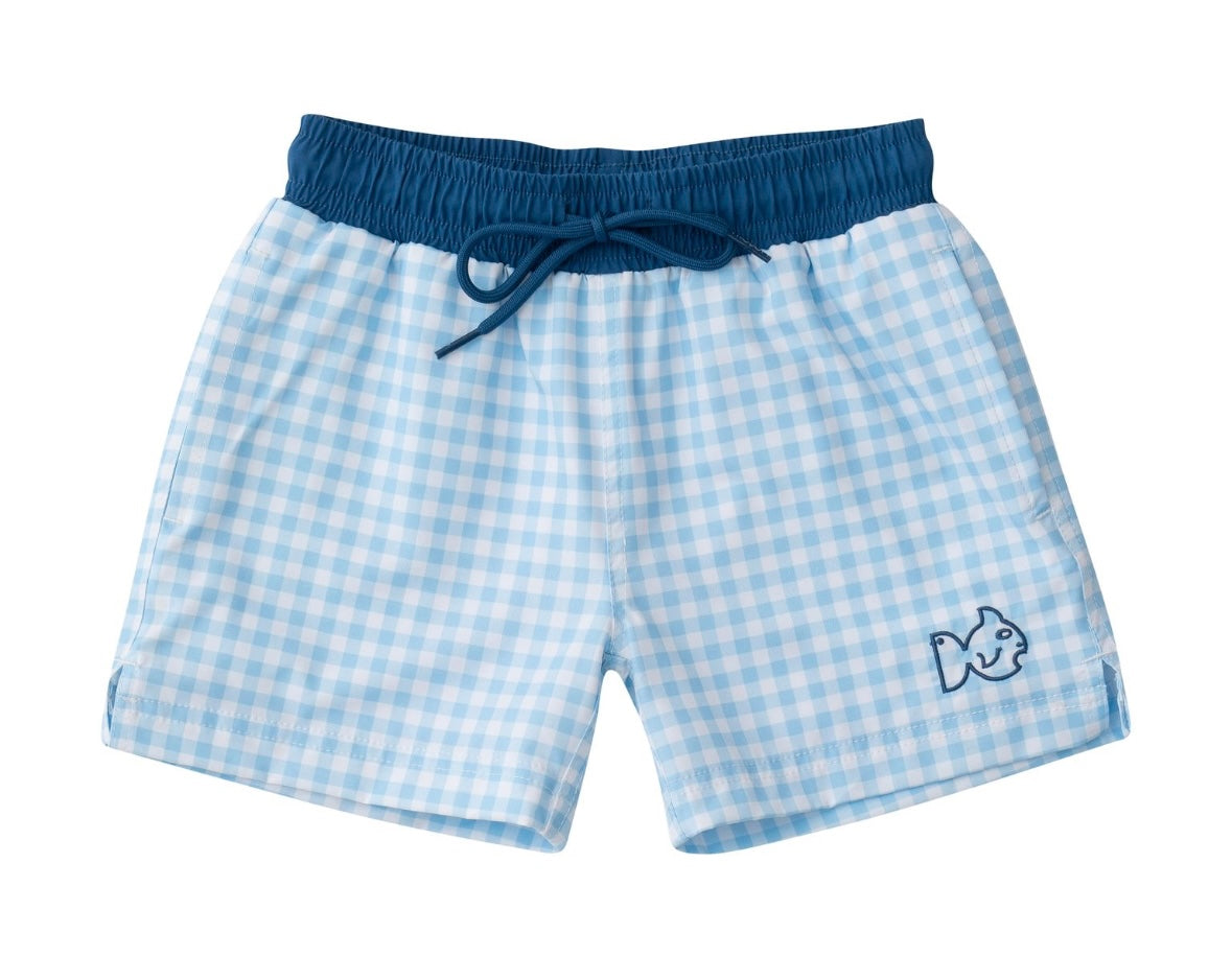 Boys Boogie Board Swim Trunk in Clear Blue Sky Gingham