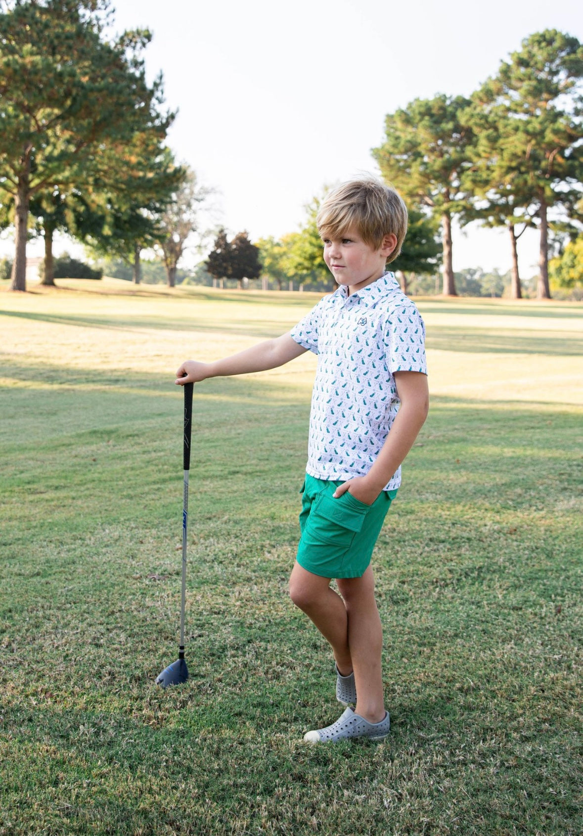 Boys Short Sleeve Pro Performance Polo in Golf Print on White