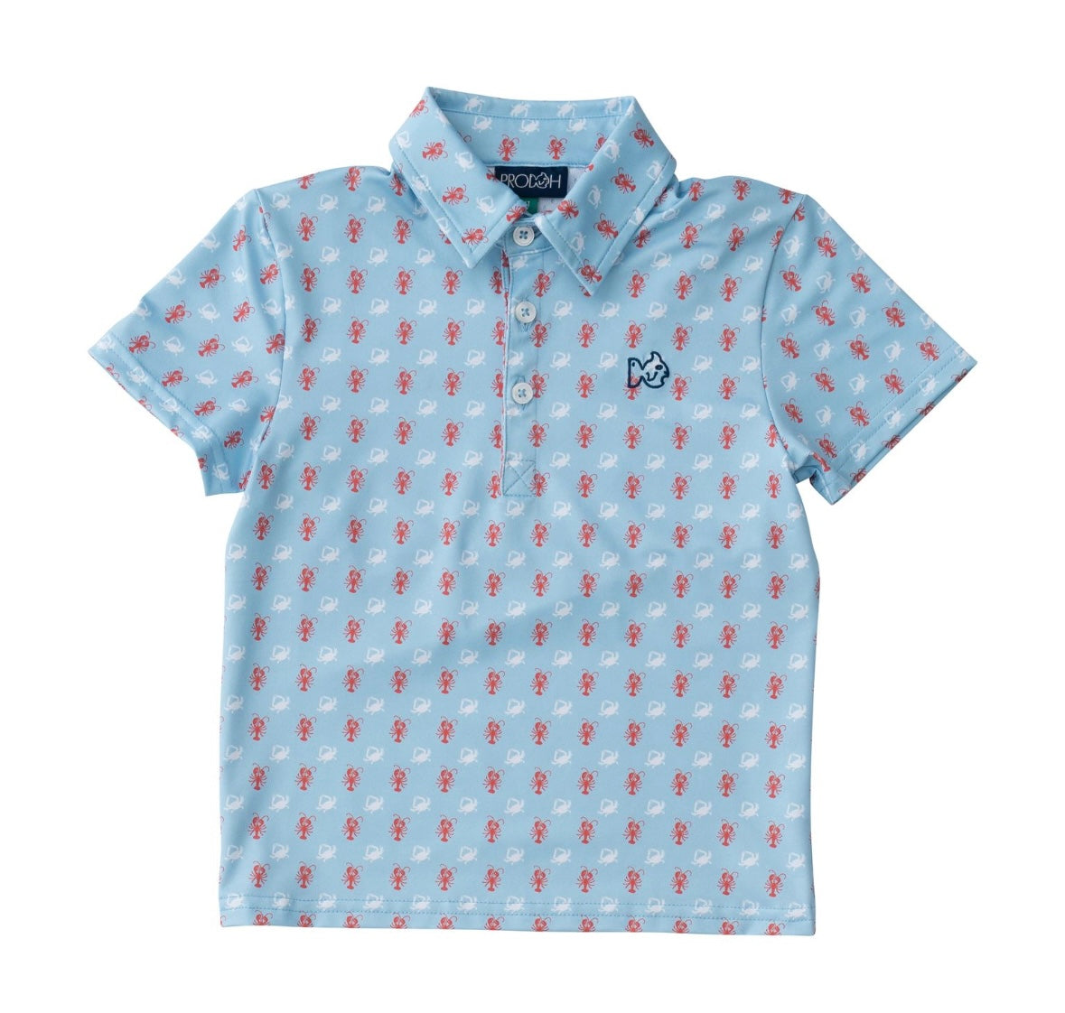 Boys Short Sleeve Pro Performance Polo in Crab and Lobster Print on Light Blue