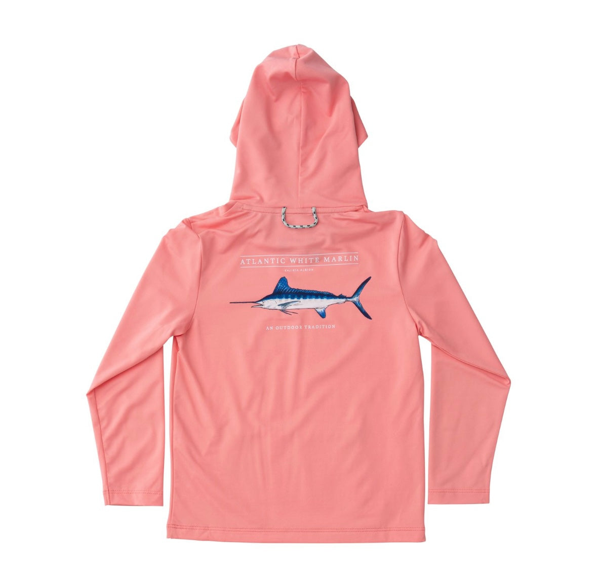 Kids Pro Performance Hoodie Fishing Shirt in Flamingo Pink White Marlin Fish