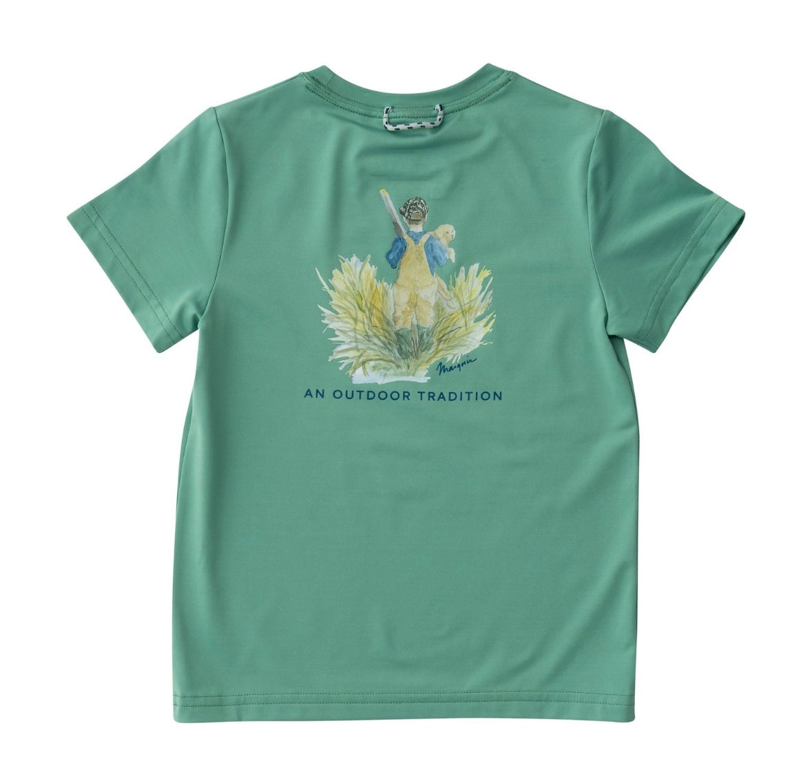 Kids Pro Performance Short Sleeve Fishing Shirt in Green Spruce Boy and his Lab Puppy