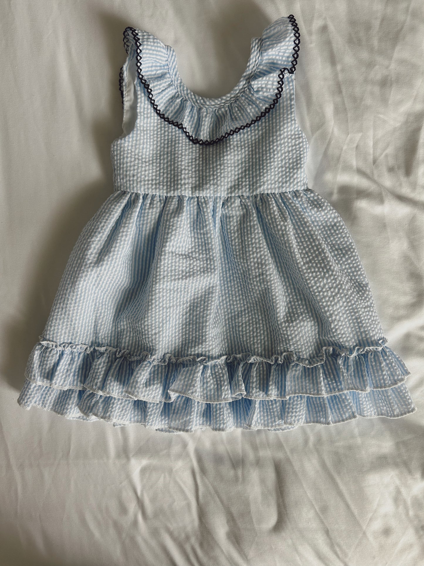Blue Seersucker Ruffle Dress