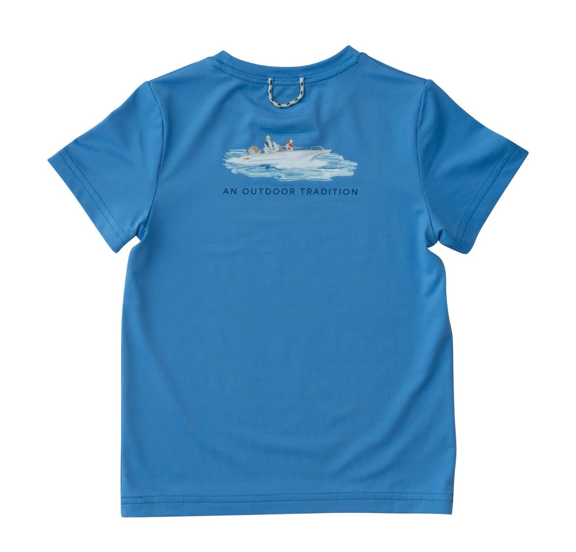 Kids Pro Performance Short Sleeve Fishing Shirt in Marina Blue with Father Son Fishing Boat