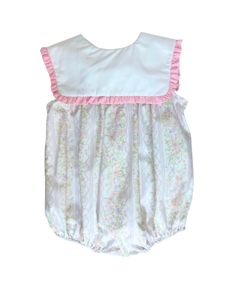Pink Floral Stripe Square Collar Bubble