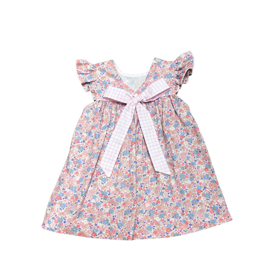 Pink Floral Dress with Gingham Bow