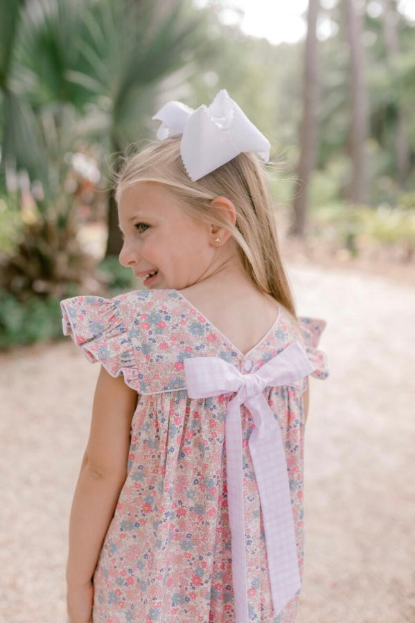 Pink Floral Dress with Gingham Bow