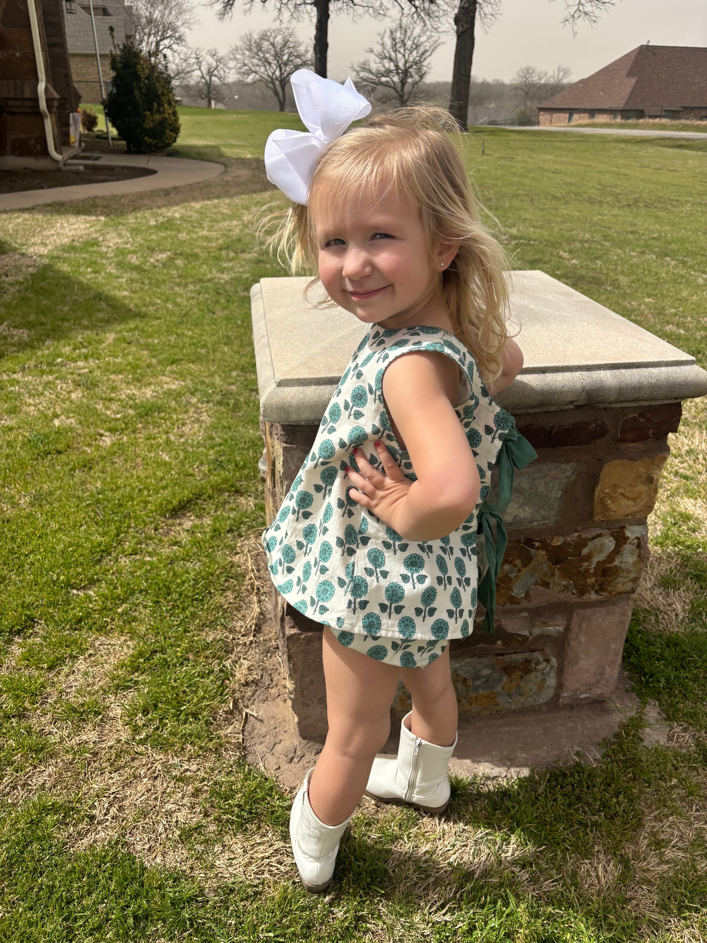 Teal Floral Block Print Bloomer Set