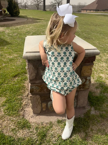 Teal Floral Block Print Bloomer Set