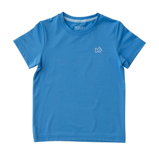 Kids Pro Performance Short Sleeve Fishing Shirt in Marina Blue with Father Son Fishing Boat