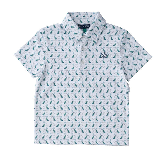 Boys Short Sleeve Pro Performance Polo in Golf Print on White