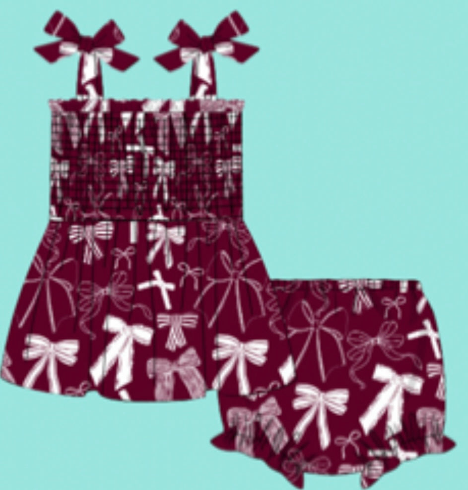 Maroon & White Bow Diaper Cover Set