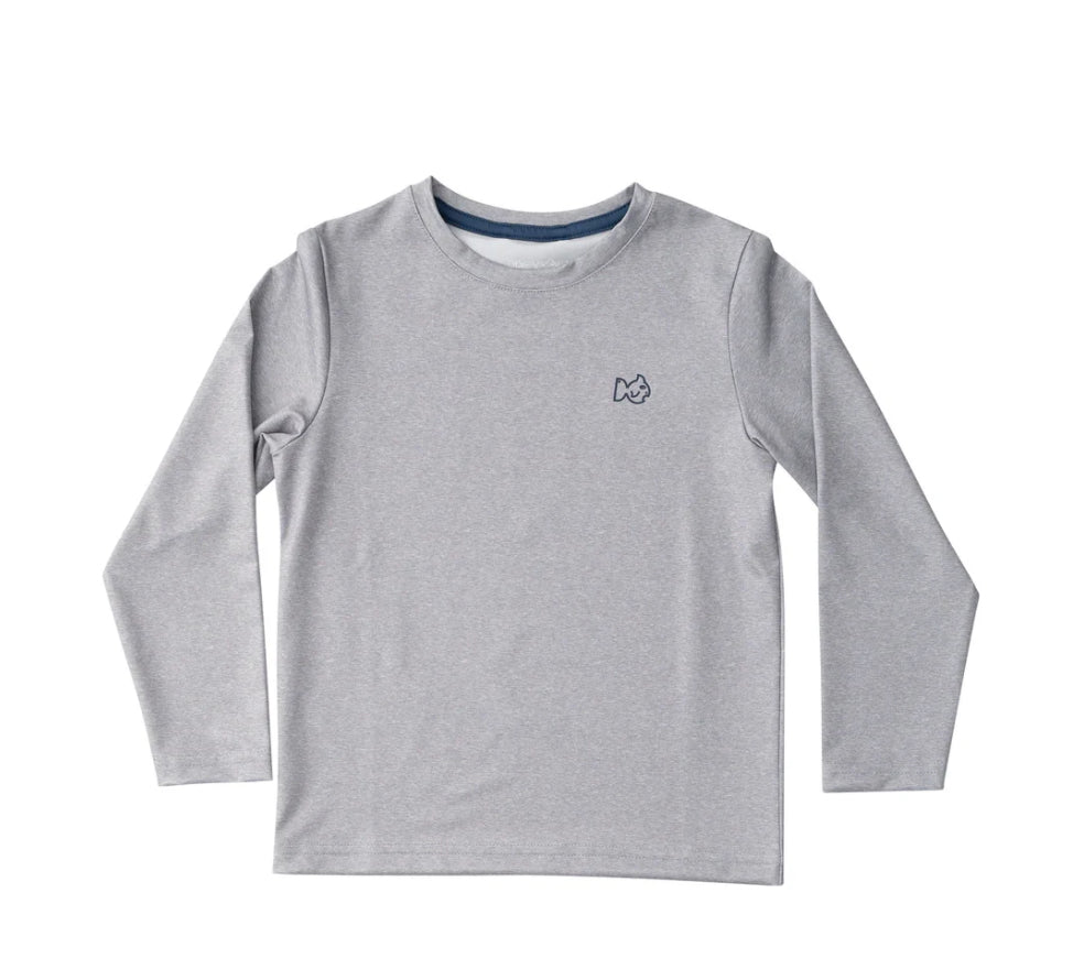Kid's Pro Performance Long Sleeve T-Shirt in Heather Gray with Rods and Reels