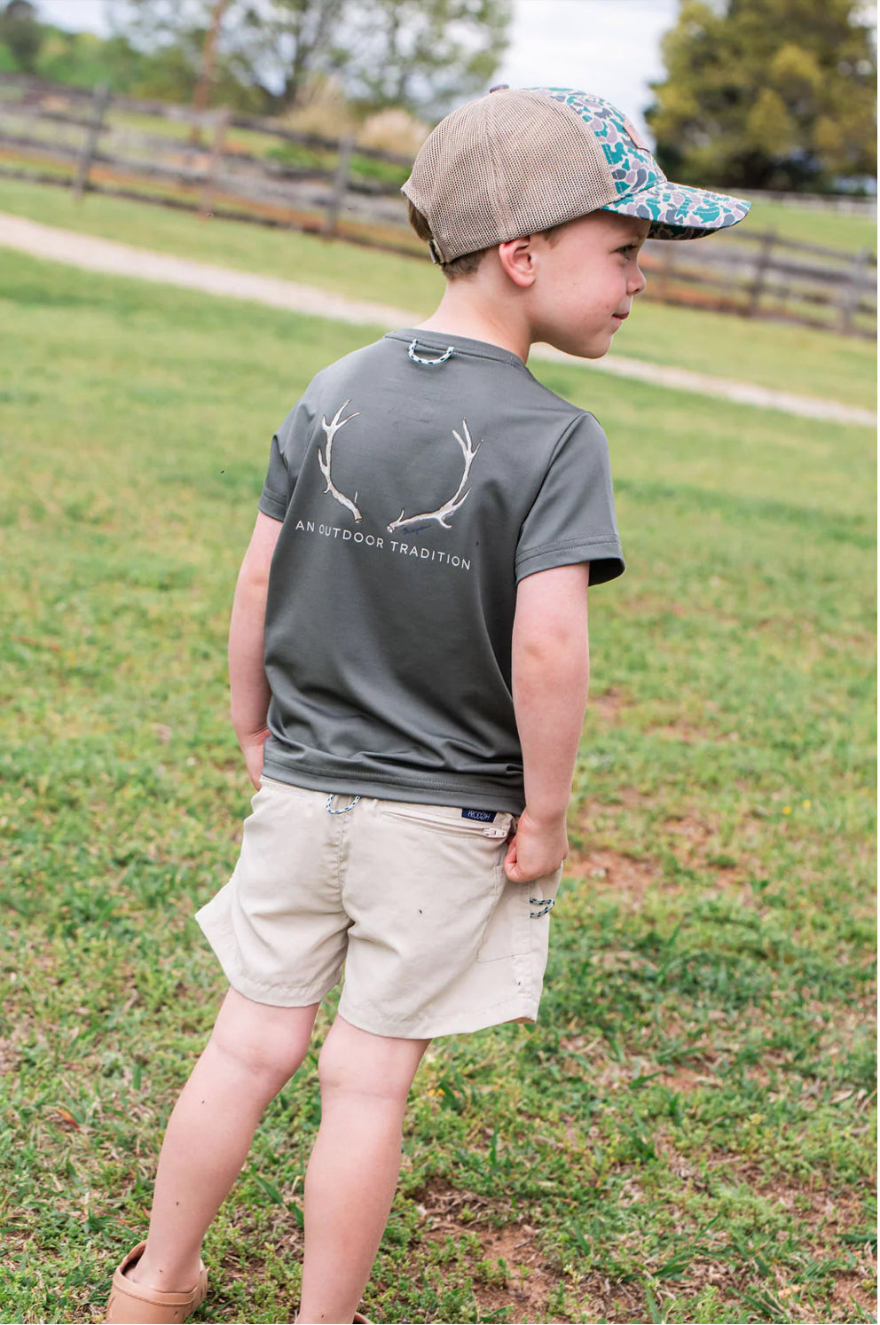 Kids Pro Performance Short Sleeve T-shirt in Olive Green with Deer Antlers