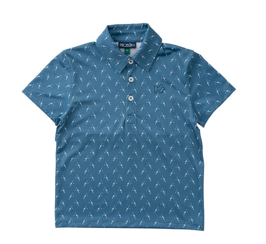 Boys Pro Performance Polo in Fishing Rod Print on Blue