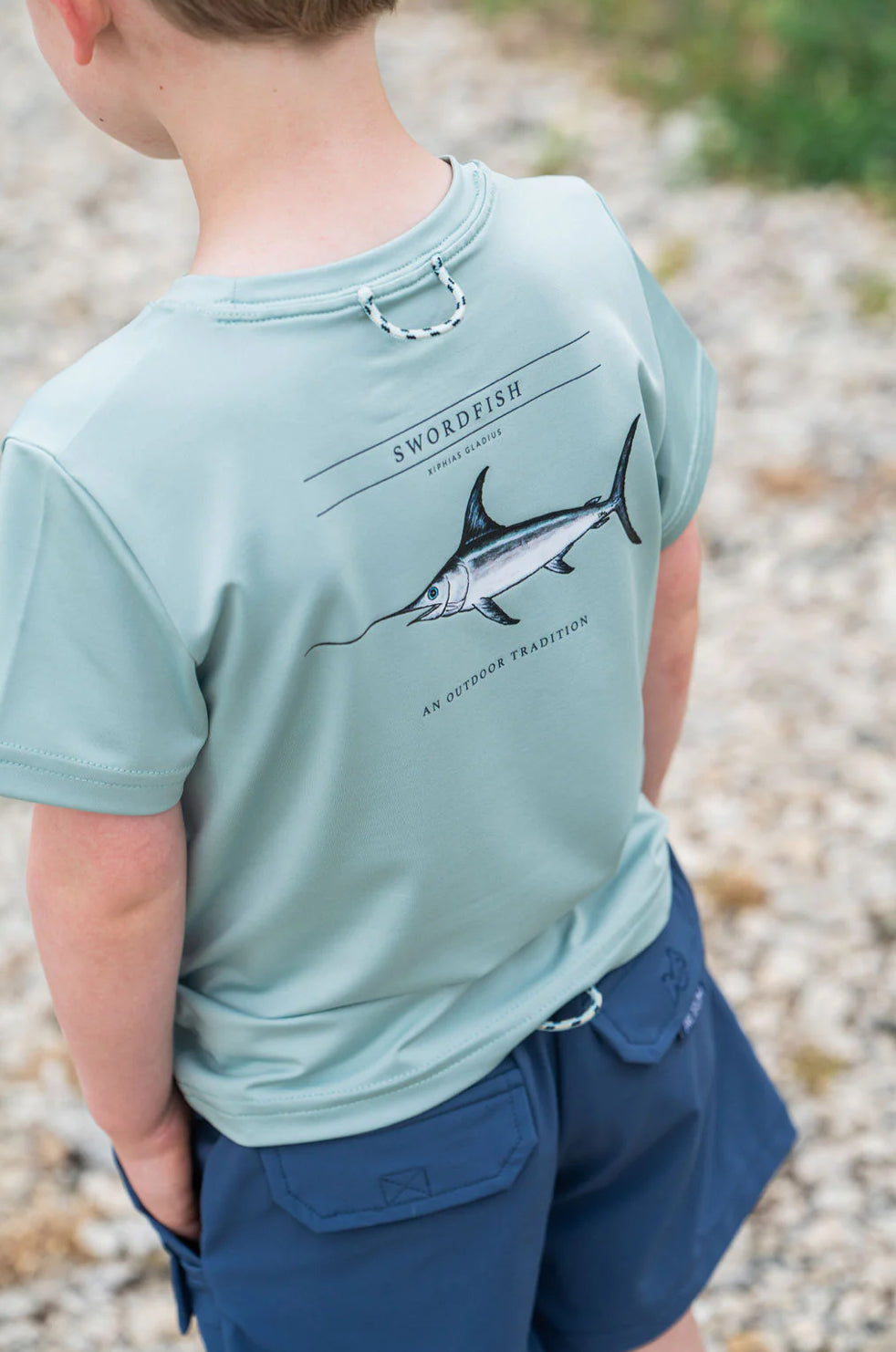 Kids Pro Performance Short Sleeve T-shirt in Blue Surf with Swordfish