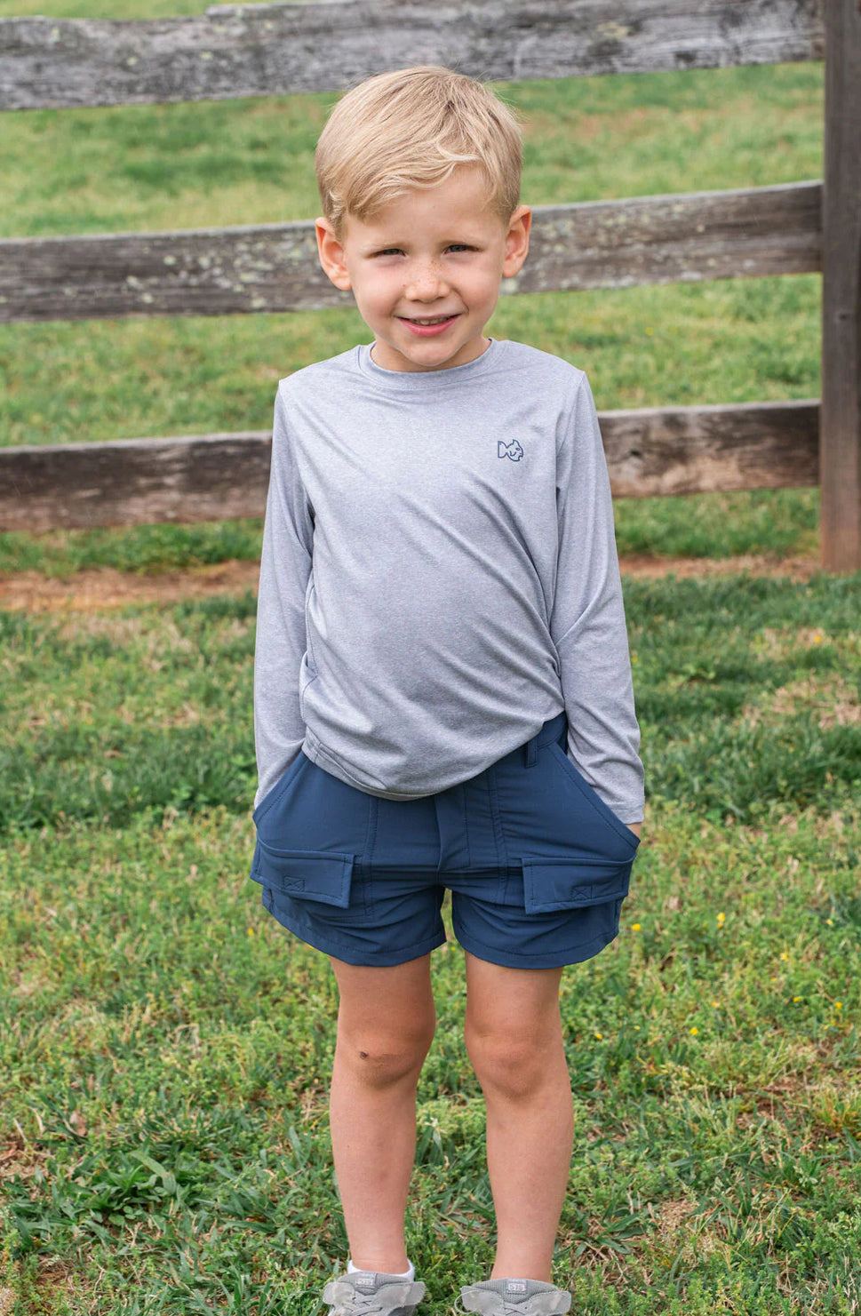 Kid's Pro Performance Long Sleeve T-Shirt in Heather Gray with Rods and Reels
