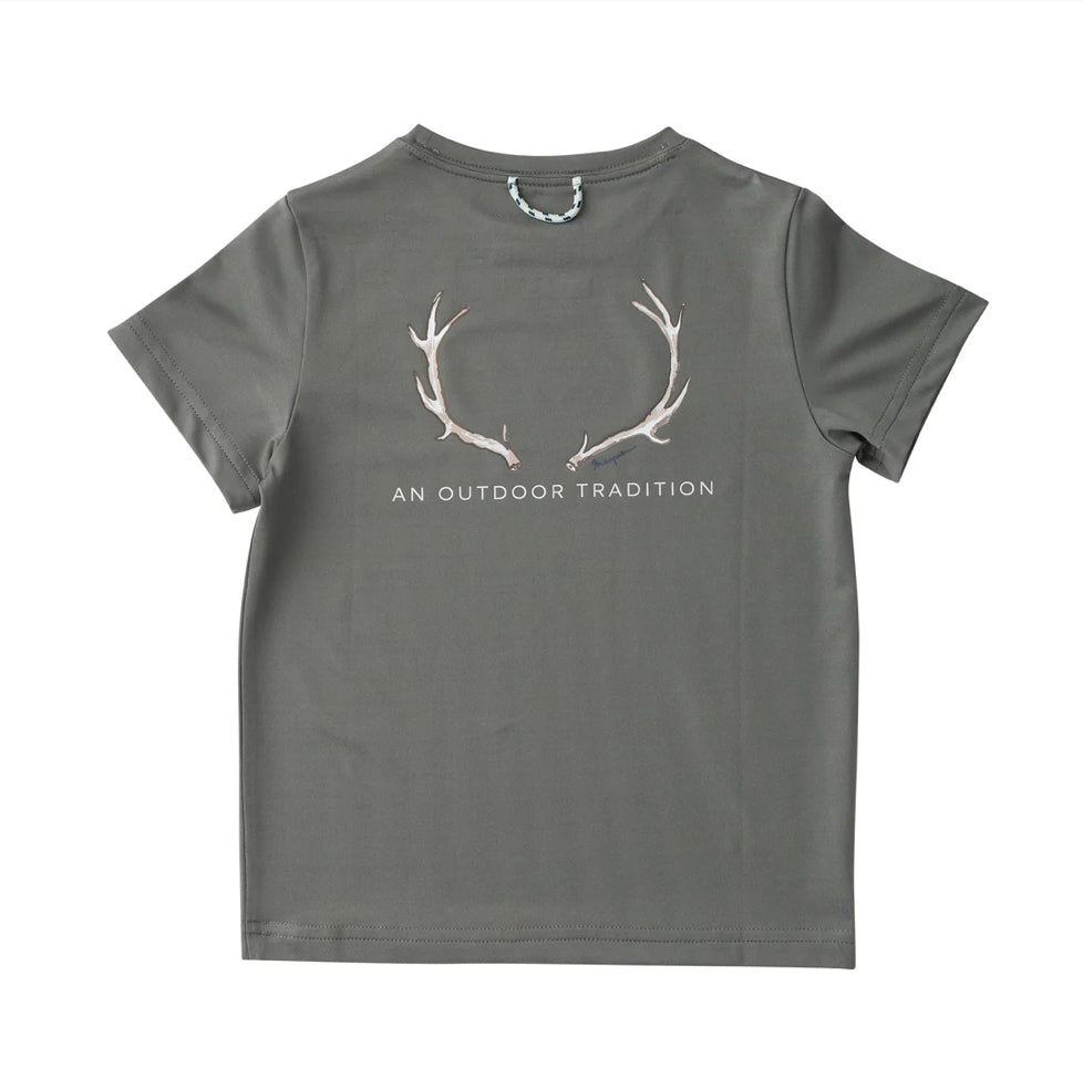 Kids Pro Performance Short Sleeve T-shirt in Olive Green with Deer Antlers