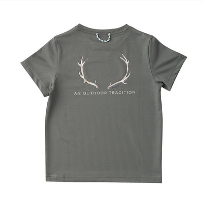 Kids Pro Performance Short Sleeve T-shirt in Olive Green with Deer Antlers