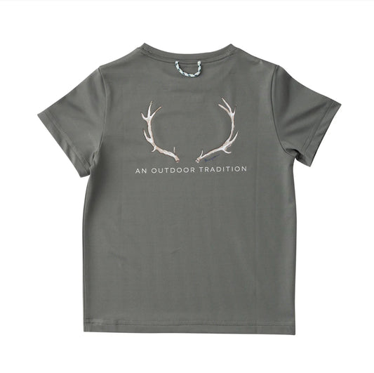 Kids Pro Performance Short Sleeve T-shirt in Olive Green with Deer Antlers