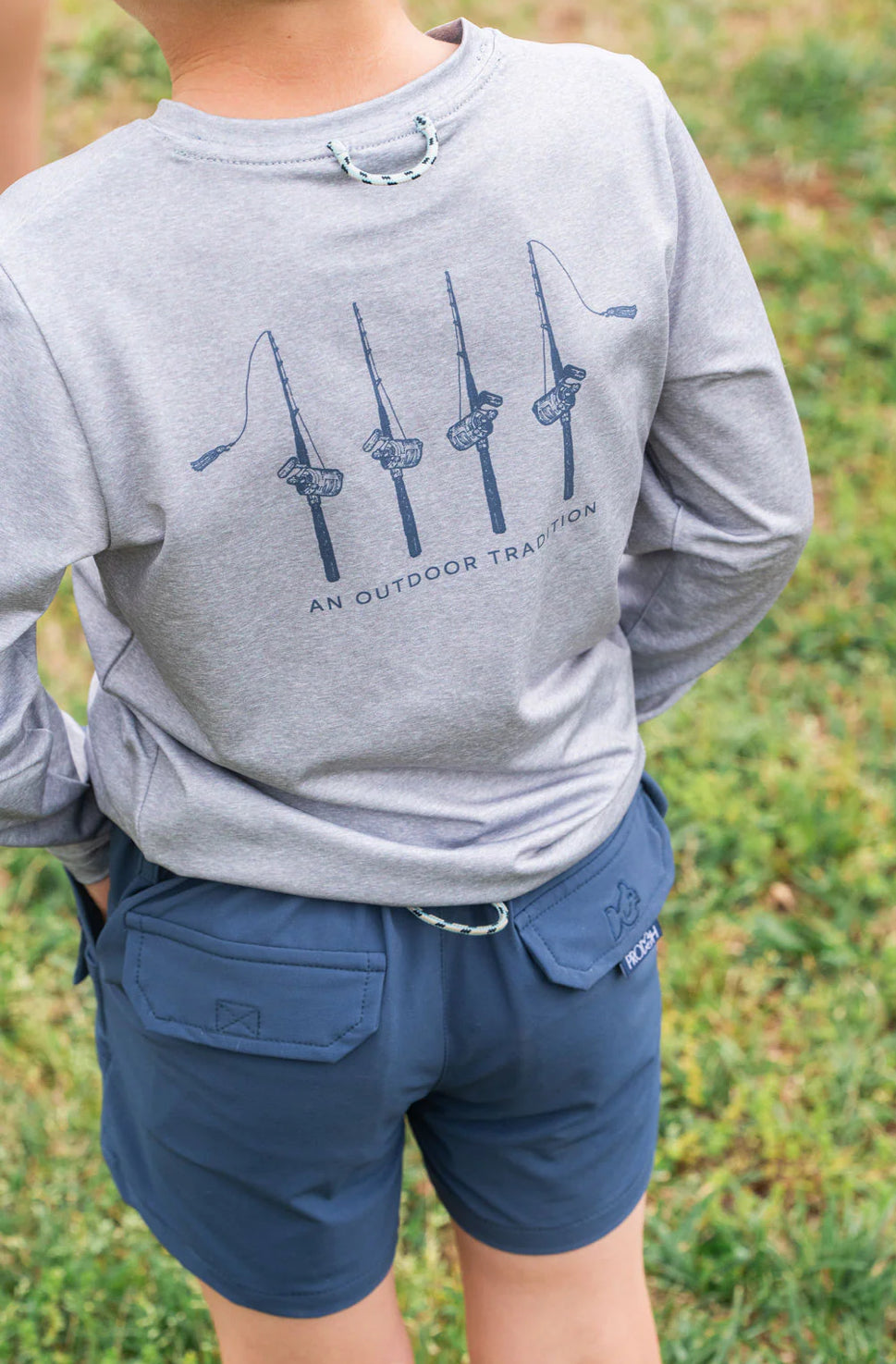 Kid's Pro Performance Long Sleeve T-Shirt in Heather Gray with Rods and Reels