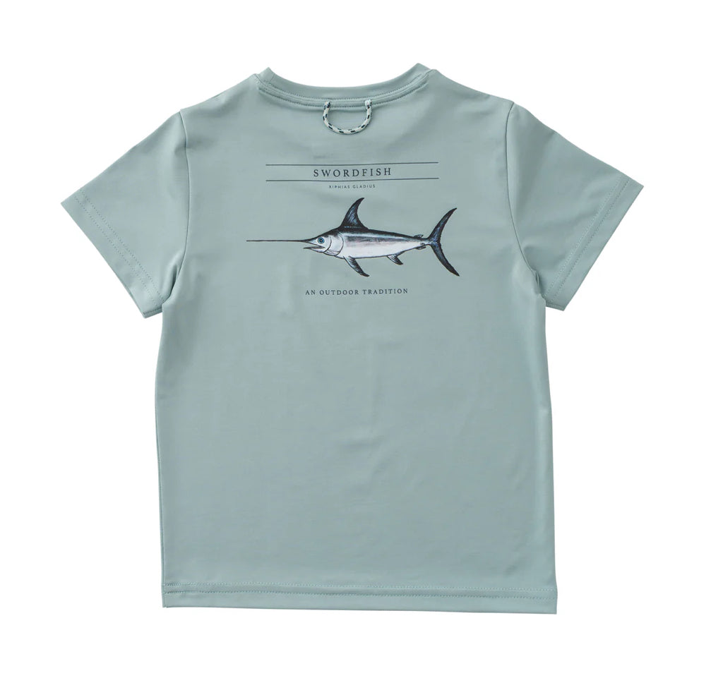 Kids Pro Performance Short Sleeve T-shirt in Blue Surf with Swordfish