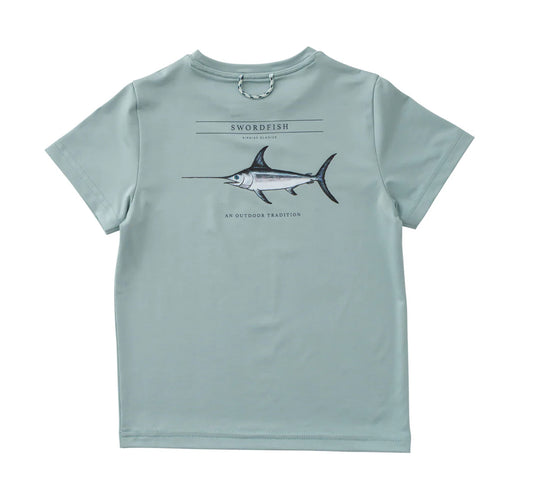 Kids Pro Performance Short Sleeve T-shirt in Blue Surf with Swordfish