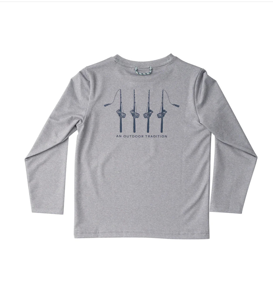 Kid's Pro Performance Long Sleeve T-Shirt in Heather Gray with Rods and Reels