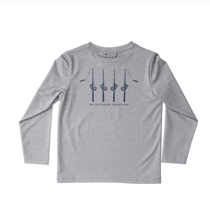 Kid's Pro Performance Long Sleeve T-Shirt in Heather Gray with Rods and Reels