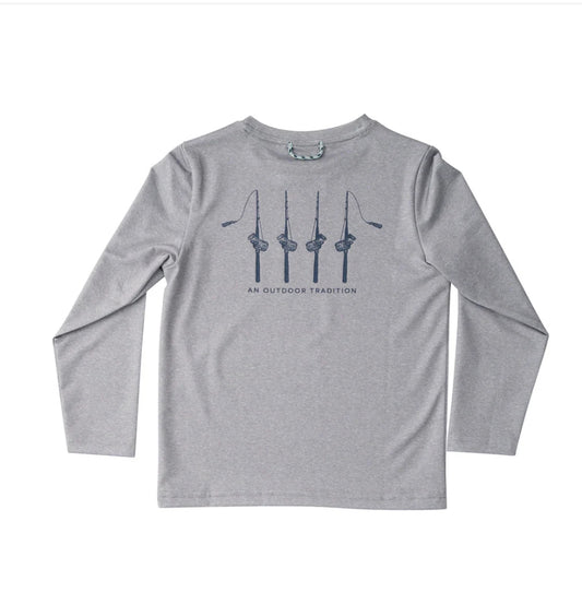 Kid's Pro Performance Long Sleeve T-Shirt in Heather Gray with Rods and Reels