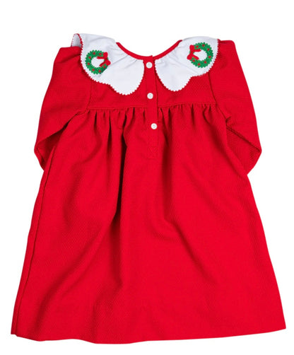 Red Wreath Embroidered Scallop Collar Dress